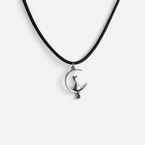 Silver Tone Cat on Crescent Moon Pendant on Black Cord Necklace